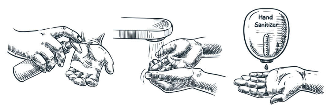 Hygiene and sanitation vector illustration. Human hand applying soap, antibacterial gel, antiseptic sanitizer