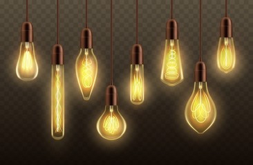 Light bulbs hanging on cords realistic vector design of glowing lamps or ceiling pendants. Incandescent light bulbs and globes with yellow filaments and contact wires on transparent background