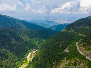 Romania. Fagaras mountain range. Mountain highway Transfagarash. One of the most beautiful roads in the world. Popular tourist route. Drone. Aerial view