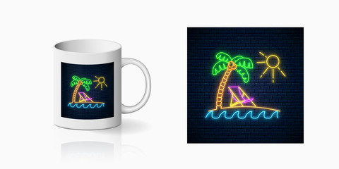 Neon happy summer print with palm, sun, chaise-longue and ocean for cup design. Shiny summertime symbol, design, banner in neon style on mug mockup. Vector illustration. Deck chair on island beach.