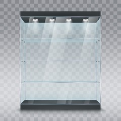 Glass showcase or display cabinet realistic vector mockup of shop or museum stand with glass shelves and spotlights on transparent background. Retail store, supermarket or exhibition furniture design - obrazy, fototapety, plakaty