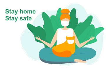 Vector image woman stay at home in yoga lotus asana in medicine mask with funny red cat surrounded green plants.