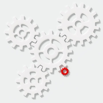 White connecting gear cogs of various sizes and single red cog isolated on white background; modern business teamwork concept; flat lay, close up, top view 3d rendering, 3d illustration
