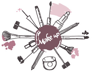 Make up brush cosmetics collection art brush stroke background. Vector