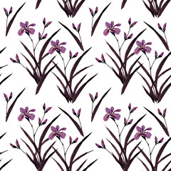 Seamless pattern with blooming irises in the Japanese style flowers isolated on a white background, the Oriental art of ink painting, Chinese painting  a quick brush.