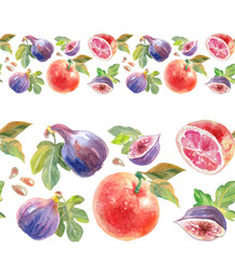 Samless borders with figs and orange, leaves, slices on a withe backgraund.Watercolor drawing. Design for duct tape, adhesive tape, wallpaper, restaurant and cafe menu.
