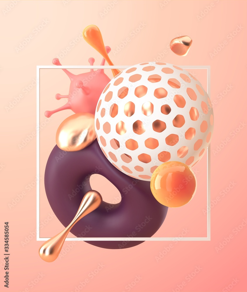 Poster 3d rendering abstract scene with geometrical forms on pastel color background. chaotic 3d shapes in 