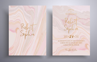 Wedding invitation pattern with waves and swirl. Vector cards with marble design. Elegant template with space for your text. Pink, beige and white overflowing colors