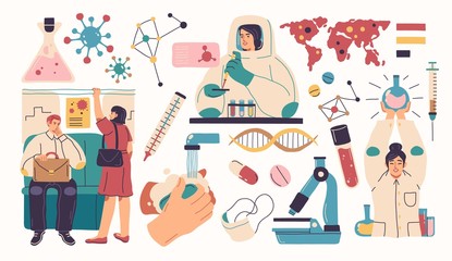 Collection of scientists, doctors or researchers in laboratory. People working in lab, medicines, medical equipment. Illustrations isolated on white background. Flat cartoon colorful