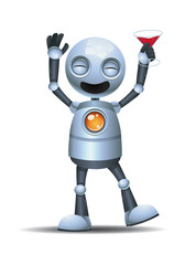 3d illustration of  little robot happy holding beverage while dancing on a party
