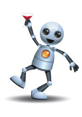 3d illustration of  little robot holding beverage while dancing hype