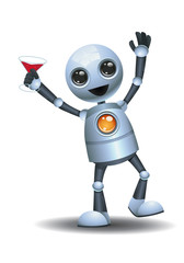 3d illustration of  little robot party holding beverage while dancing