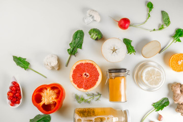 Immune boosting health food selection over white background