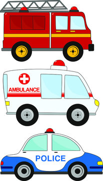 Set of four cartoon vector emergency vehicles including ambulance car, firetruck, police car. Side view. Cartoon cars for preschool kids. Vector illustration isolated.