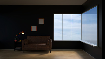 Room with yellow hardwood parquet floor, black walls and sunlight from the big window on the floor minimalist interior, 3d illustration