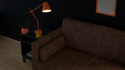 Room with yellow hardwood parquet floor, black walls and brown leather sofa minimalist interior, 3d illustration