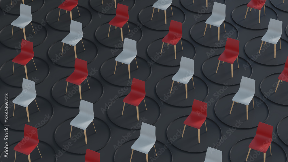Poster black empty space with a pattern of white and red chairs in the center, grid structure, 3d illustrat