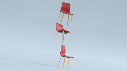 White empty space with a pyramid of random red chairs in the center, 3d illustration