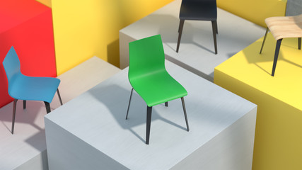 Abstract geometric background with colorful cubes, colorful chairs on top, a long shadow from the sunlight, 3d illustration