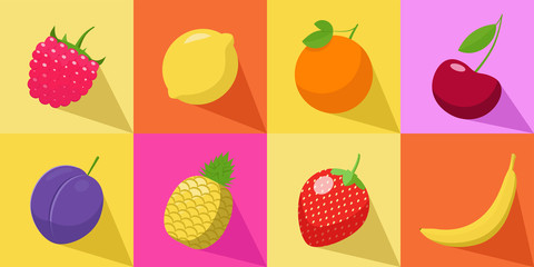 Colorful Set of tropical fruits in vector. Plum, Raspberry, Orange, pineapple, cherry, lemon, strawberry, banana. Side view. View from above. juicy illustration. vegetarian healthy food. fresh 
