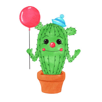 Illustration With Markers Green Cactus Clown With A Blue Cap And A Red Balloon