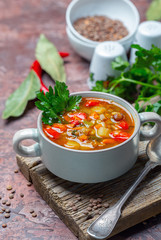 Lentil and pea soup with vegetables.