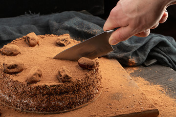 Cut date cake of dried fruit with chocolate powder