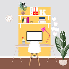 Home workspace. Grey and yellow room interior. Work from home. Computer on the table.  Working desk, memory stickers on the wall and house plants. Modern living and trendy interior design.
