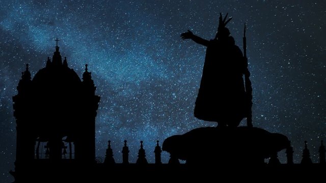 Incas King Pachacute: Statue on Fountain at Plaza de Armas, Time Lapse by Night with Stars and Milky Way, Cusco, Peru