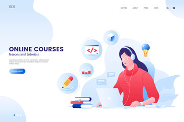Online course vector illustration. Online education web page concept. Girl studying with laptop. e-Learning platform. Flat style.