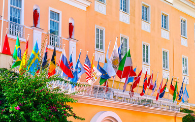 Flags on building in Capri Island reflex