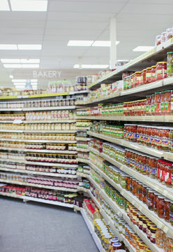 Jars of food lining supermarket shelves