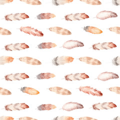 Watercolor feather seamless pattern. Hand painted texture with bird feathers on white background.