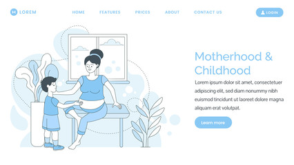 Fototapeta na wymiar Motherhood and childhood landing page design. Pregnant woman with her son spending time together.