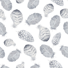 Watercolor hand drawn feathers seamless pattern. Neutral color illustration.
