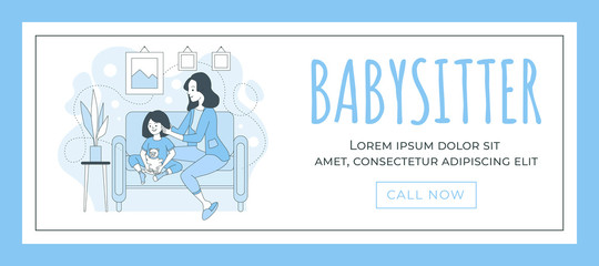 Babysitter web banner template. Happy young woman sitting with little girl vector cartoon outline illustration.