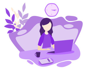 Work from home concept, flat tiny person vector illustration. Freelancer remote office workplace interior setup with desk, chair and computer. Girl designer enjoying daily life routine and freedom