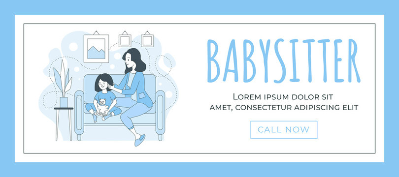 Babysitter web banner template. Happy young woman sitting with little girl vector cartoon outline illustration. - Powered by Adobe