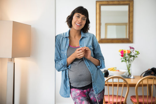 Portrait smiling pregnant woman in dining room