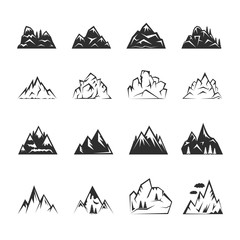 Set of mountains and peaks of mount for logo design. Outdoor activity, camping, hiking icons.