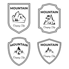 Obraz premium Set of mountain, camping trip vector logo designs. Active lifestyle, hiking, traveling in alps icons.