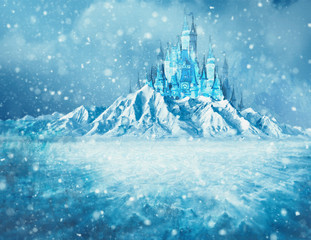 Paisaje nevado con hielo y castillo encantado 