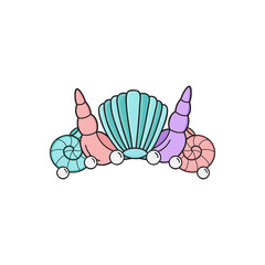 Cute mermaid crown vector illustration. Hand drawn outlined sea, underwater crown made from starfish, conch, seashell and pearls. Isolated.