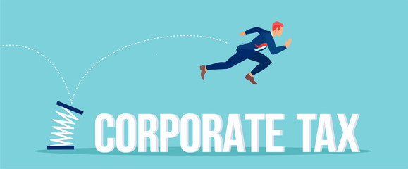 Vector of a company executive jumping over a corporate tax