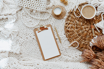 Mock Up, Clip Board , Fashion Beauty blog home office desk workspace. Dry Flowers, accessories. Flat lay, top view freelancer lifestyle background.