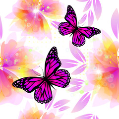 Fototapeta na wymiar Delicate pink flowers with butterflies are a seamless background. Vector illustration