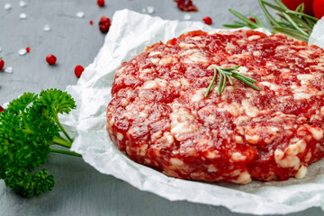 Fresh raw home made minced beef steak burger, close up