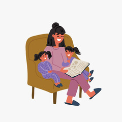 mother and children reading book in chair, family