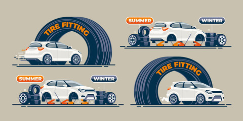 Car enters the arch as a car tire at the maintenance station, and the tires are changed on it. Vehicle leaves the car service.