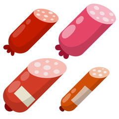 Set of different sausage. Cartoon flat illustration. Meat food. Red nutrient object. Sliced half of bologna for a sandwich
